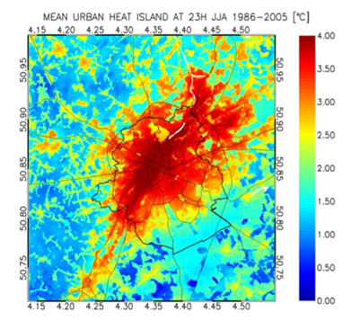 L’effet d’îlot de chaleur urbain à Bruxelles durant toutes les périodes d’été (juin-août), 1986-2005, à 23h (Cordex, 2018).